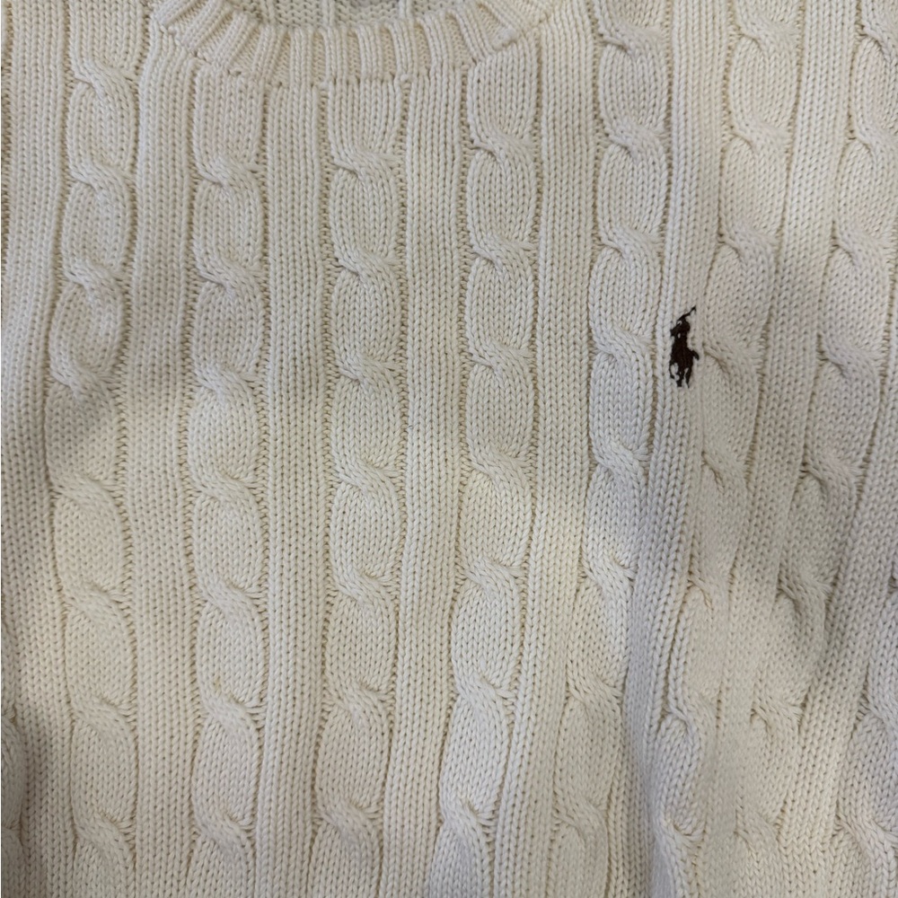 Ralph Lauren Women’s Cream White Cable-Knit Crewneck Sweater w/ Dark Brown Pony